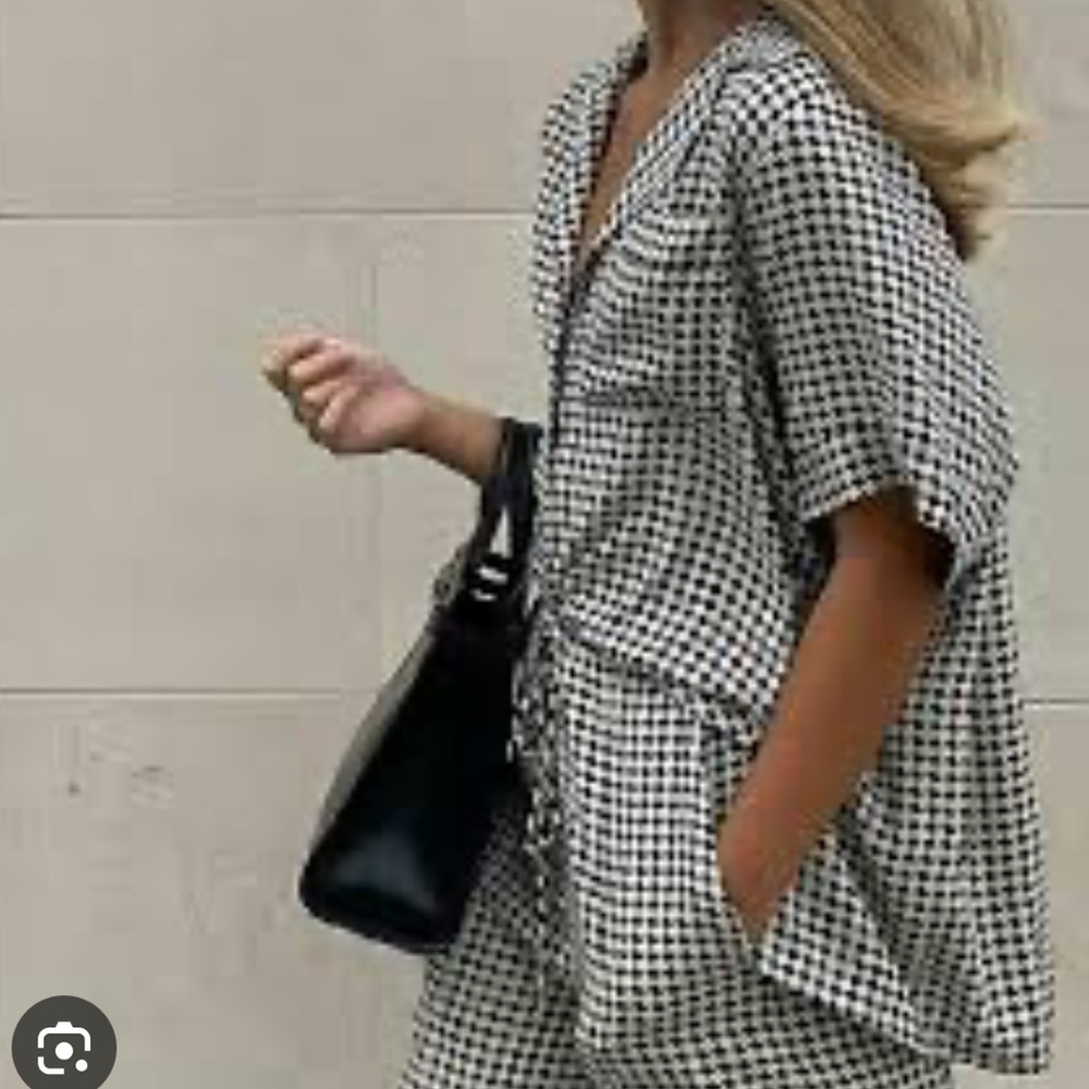 DISSH Gaia Houndstooth black white shirt sleeve oversized blouse top, size US 4